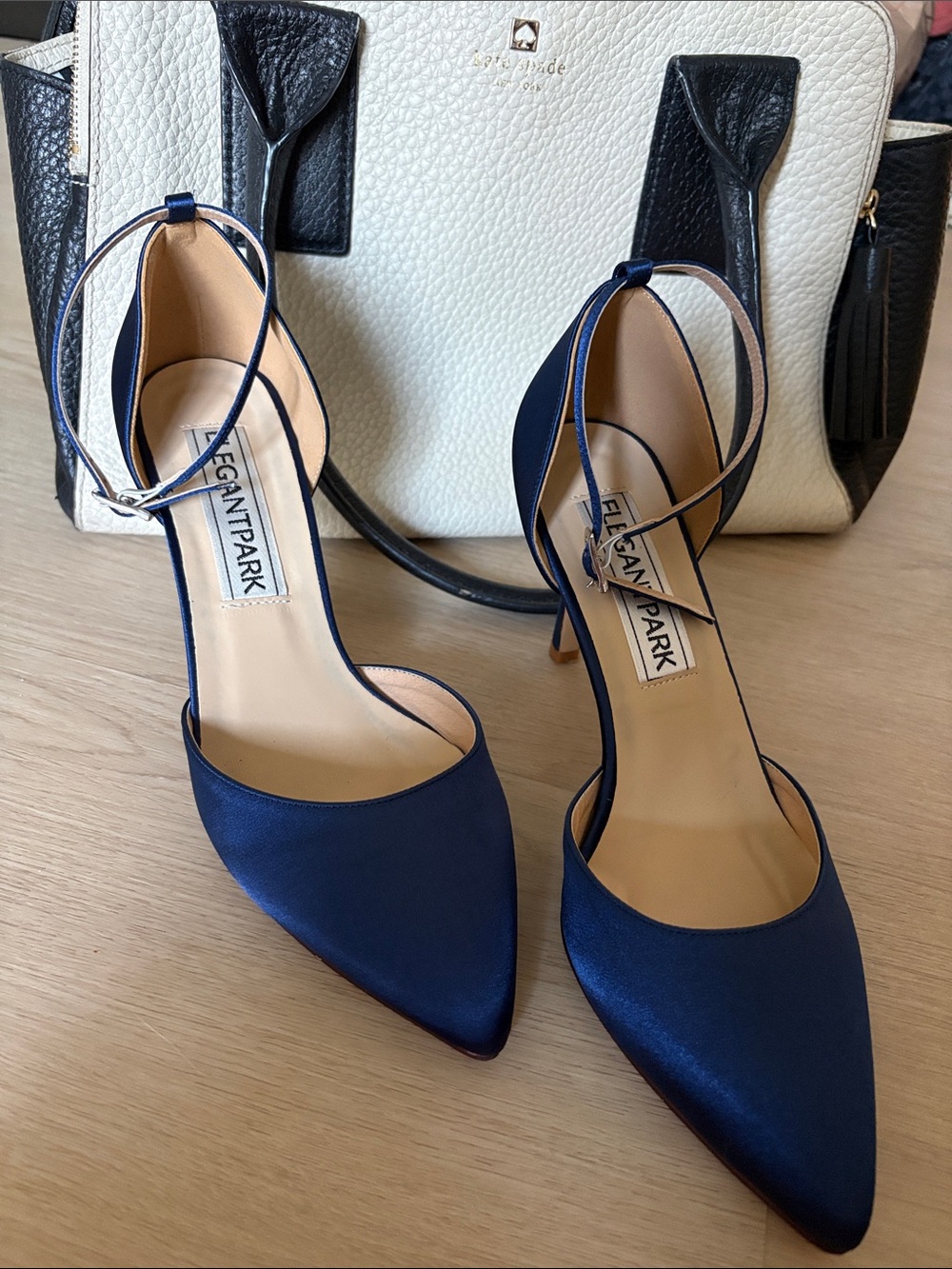 Elegantpark Navy Satin Pointed-Toe Ankle-Strap Wedges 8.5